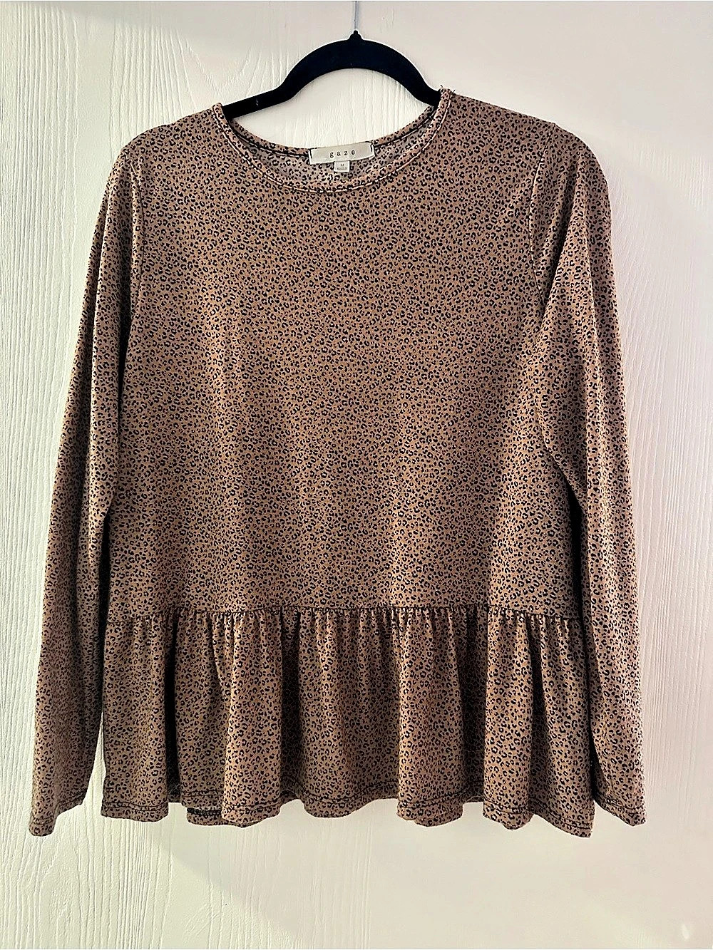 Leopard Print Long Sleeve Peplum Top, Brown, Medium
